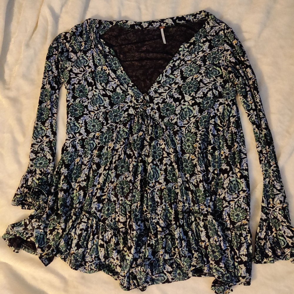 Free People Long Sleeved Vneck Floral Tunic/Short Dress Size Xs